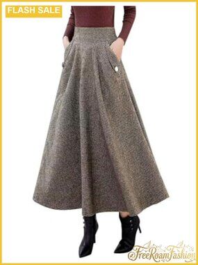 Wool Blend Plaid A-Line Long Skirt High Waist Elastic Flared Hem Pockets